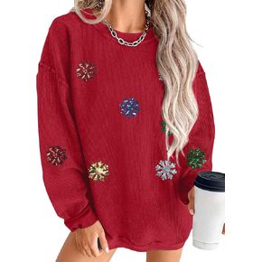 VILOVE Christmas Sweatshirt For Women Christmas Sequin Snowflakes Pullover Ribbed Sweatshirt Corded Crewneck Tops