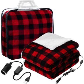 Riakrum 12v Heated Car Blanket Electric Car Blanket with 2 Heating Levels, USB Car Cigarette Lighter Socket Storage Bag, Warm for Car, Truck, SUV, RV and Camping, 58 x 43 Inch(Black and Red Plaid)