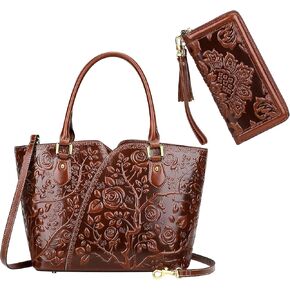 PIJUSHI Designer Genuine Leather Floral Top Handle Satchel Handbags Bundle with Floral Card Case Wallet with Tassel
