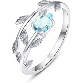 PRAYMOS 925 Sterling Silver Leaf Birthstone Rings Adjustable Open Ring for Women with Jewelry Box Size 7-9