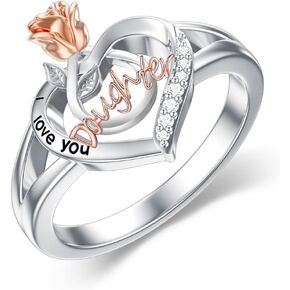 POPKIMI Gifts for Daughter Daughter Ring I Love You Daughter with Rose Flower 925 Sterling Silver Ring Daughter Birthday Gifts Jewelry Love Heart Ring for Daughter