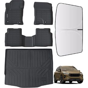 Floor Mats & Trunk Mat & Sun Visor for Ford Escape 2020-2023 2024(Non Hybrid),TPE All Weather Protection 1st & 2nd Row Car Floor Liners with Cargo Liners with Windshield Sun Shade Accessories