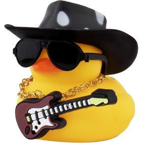 wonuu Rubber Duck Car Ornaments Guitar Duck Cool Car Accessories Car Dashboard Decorations with Cowboy Hat Necklace and Sunglasses, Black&White
