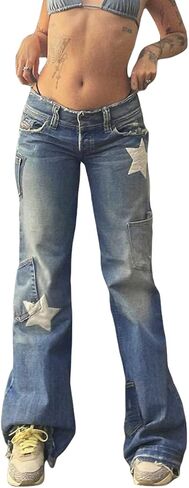 HOXIJIA Women High Waisted Wide Leg Denim Pants Y2K Patterned Baggy Flared Hem Jeans Stretch Bell Bottom Trousers in Kuwait