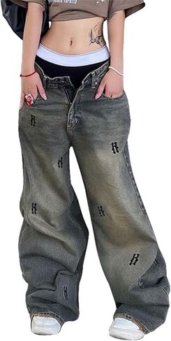 HOXIJIA Women High Waisted Wide Leg Denim Pants Y2K Patterned Baggy Flared Hem Jeans Stretch Bell Bottom Trousers in Kuwait