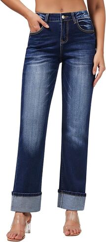 roswear Women’s Straight Leg Jeans High Waisted Boyfriend Stretchy Cuffed Denim Pants in Kuwait
