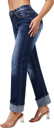 roswear Women’s Straight Leg Jeans High Waisted Boyfriend Stretchy Cuffed Denim Pants in Kuwait