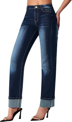 roswear Women’s Straight Leg Jeans High Waisted Boyfriend Stretchy Cuffed Denim Pants in Kuwait