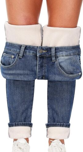 Women's Fleece Lined Jeans Thermal Flannel Lined Jeans Winter Warm Thicken Skinny Stretch Denim Pants in Kuwait