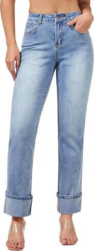 roswear Women’s Straight Leg Jeans High Waisted Boyfriend Stretchy Cuffed Denim Pants in Kuwait