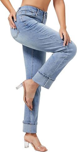 roswear Women’s Straight Leg Jeans High Waisted Boyfriend Stretchy Cuffed Denim Pants in Kuwait