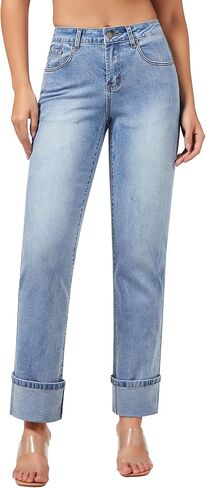 roswear Women’s Straight Leg Jeans High Waisted Boyfriend Stretchy Cuffed Denim Pants in Kuwait