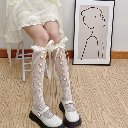 Benefeet Sox Womens Girls Lace Fishnet Knee High Stockings Pink Bow Cute Fancy Sheer Mesh High Tube Long Knee High Socks in Kuwait