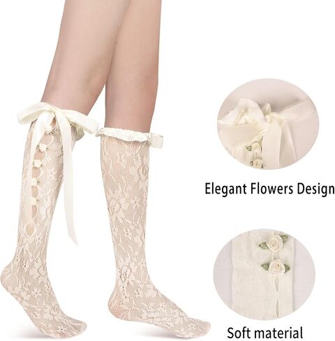 Benefeet Sox Womens Girls Lace Fishnet Knee High Stockings Pink Bow Cute Fancy Sheer Mesh High Tube Long Knee High Socks in Kuwait
