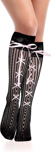 Benefeet Sox Womens Girls Lace Fishnet Knee High Stockings Pink Bow Cute Fancy Sheer Mesh High Tube Long Knee High Socks in Kuwait