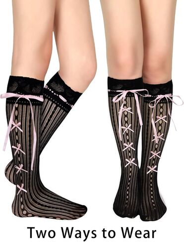 Benefeet Sox Womens Girls Lace Fishnet Knee High Stockings Pink Bow Cute Fancy Sheer Mesh High Tube Long Knee High Socks in Kuwait