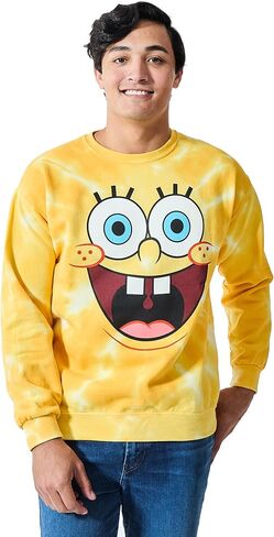 Bioworld Spongebob Squarepants Big Face Spongebob Men’s Yellow Spiral Wash Crew Neck Long Sleeve Fleece Sweatshirt in Kuwait