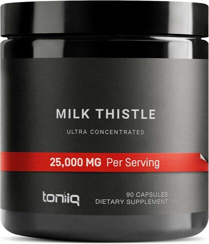 Toniiq 25,000mg 50x Concentrated Milk Thistle Extract - Milk Thistle 500mg Per Serving - 80% Silymarin - Bioavailable Silymarin Milk Thistle Supplement Capsules - 90 Vegetarian Caps in Kuwait