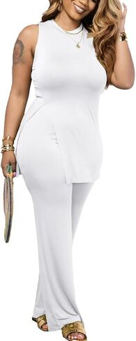 Ekaliy Women's Sexy 2 Piece Outfits Sleeveless Split Tunic Tops and Bodycon Wide Leg Pants Lounge Set Matching Tracksuit in Saudi Arabia