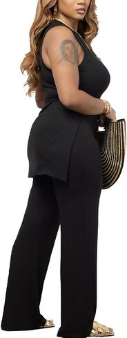 Ekaliy Women's Sexy 2 Piece Outfits Sleeveless Split Tunic Tops and Bodycon Wide Leg Pants Lounge Set Matching Tracksuit in Saudi Arabia