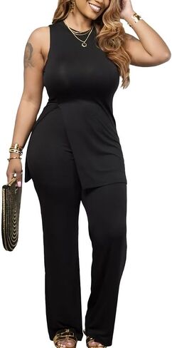 Ekaliy Women's Sexy 2 Piece Outfits Sleeveless Split Tunic Tops and Bodycon Wide Leg Pants Lounge Set Matching Tracksuit in Saudi Arabia