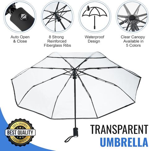 Clear, Windproof Travel Umbrella for Rain - One-Click Auto Open and Close, Durable & Compact Umbrella, Strong Fiberglass Frame, Waterproof Canopy - Backpack, Purse, Portable Umbrella for Travel in Saudi Arabia