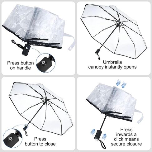 Clear, Windproof Travel Umbrella for Rain - One-Click Auto Open and Close, Durable & Compact Umbrella, Strong Fiberglass Frame, Waterproof Canopy - Backpack, Purse, Portable Umbrella for Travel in Saudi Arabia