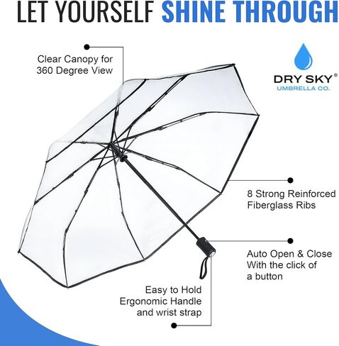 Clear, Windproof Travel Umbrella for Rain - One-Click Auto Open and Close, Durable & Compact Umbrella, Strong Fiberglass Frame, Waterproof Canopy - Backpack, Purse, Portable Umbrella for Travel in Saudi Arabia