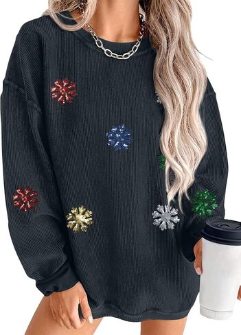 VILOVE Christmas Sweatshirt For Women Christmas Sequin Snowflakes Pullover Ribbed Sweatshirt Corded Crewneck Tops in Saudi Arabia