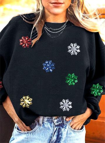 VILOVE Christmas Sweatshirt For Women Christmas Sequin Snowflakes Pullover Ribbed Sweatshirt Corded Crewneck Tops in Saudi Arabia