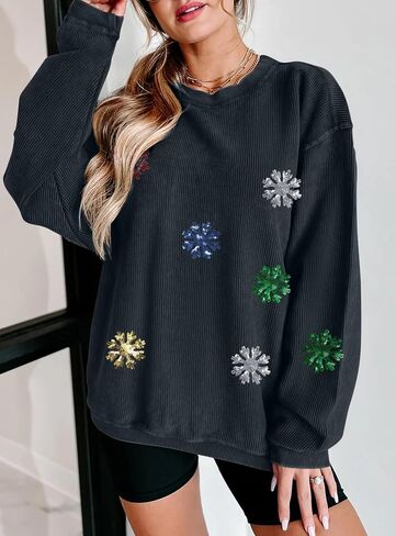 VILOVE Christmas Sweatshirt For Women Christmas Sequin Snowflakes Pullover Ribbed Sweatshirt Corded Crewneck Tops in Saudi Arabia