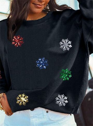 VILOVE Christmas Sweatshirt For Women Christmas Sequin Snowflakes Pullover Ribbed Sweatshirt Corded Crewneck Tops in Saudi Arabia