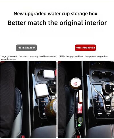 2024 New Seat Car Leather Cup Holder Gap Bag, Adjustable Car Seat Storage Box, Gap Filler Organizer with Cup Holder for Phones Glasses Keys Cards (Driver Side,Black), QCBJ0527 in Saudi Arabia
