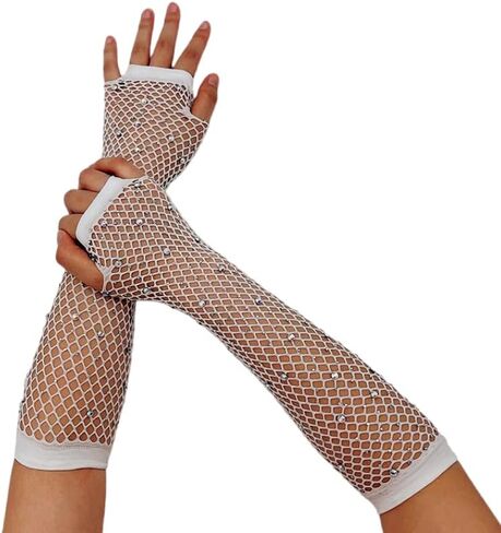 Specell Women Rhinestone Fishnet Short 9" Fingerless Gloves Mesh Sparkly Glitter Fashion Glove For Party Costumes Accessories in Saudi Arabia