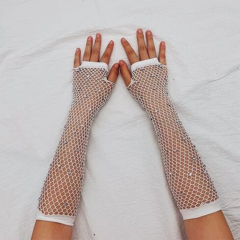 Specell Women Rhinestone Fishnet Short 9" Fingerless Gloves Mesh Sparkly Glitter Fashion Glove For Party Costumes Accessories in Saudi Arabia