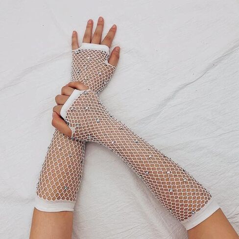 Specell Women Rhinestone Fishnet Short 9" Fingerless Gloves Mesh Sparkly Glitter Fashion Glove For Party Costumes Accessories in Saudi Arabia