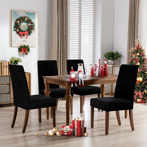 Smiry Velvet Stretch Dining Room Chair Covers Set of 4, Soft Removable Washable Chair Slipcovers Kitchen Parsons Chair Protector, Black in Saudi Arabia