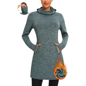 Soneven Women Thermal Fleece Long Sweatshirt Tunic Dress Pullover Warm Winter Outfits Pocket Thumb Holes Cowl Neck Gaiter