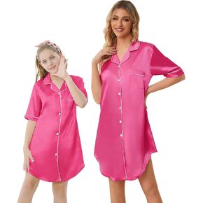 Schbbbta Girls & Women Silk Nightgown, Short Sleeve Button Down Satin Nightshirt Pajama House Dress, 3 Years- Women 2XL in Saudi Arabia
