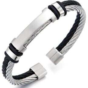 COOLSTEELANDBEYOND Double Twisted Wire Silver Black, Stainless Steel Cuff Bangle ID Identification Bracelet, Adjustable