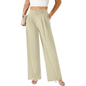 keriffe Womens Wide Leg Work Pants Waffle Knit High Waisted Button Down Casual Dress Palazzo Trousers Pockets