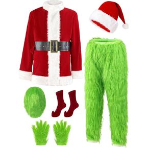 Christmas Santa Claus Costume Green Monster Suits Outfit Santa Coat Cosplay Mask Halloween Christmas Costumes for Men
