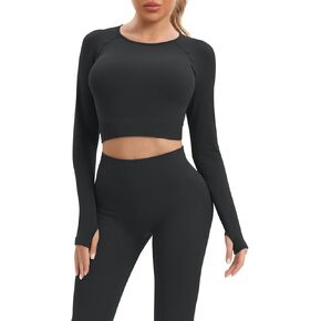 JOLLMONO Women Workout Sets 2 Pieces Long Sleeve Seamless Yoga Outfits Gym Clothes