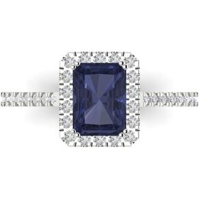 Clara Pucci 1.92ct Emerald Cut Solitaire W/Accent Halo Genuine Blue Sapphire Wedding Bridal art deco Anniversary Ring 14k White Gold