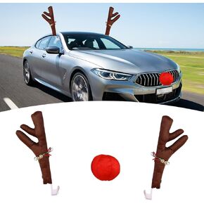 3 PCS Car Reindeer Antlers and Nose Kit, Advanced Christmas Plush Reindeer Horns Festival Decor Accessories, Equipped with a Bell, The Choice for Cars (Brown)