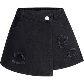 Girl's Button Elastic Waist Denim Skirts Casual Ripped Mini Shorts Asymmetric Wrap Skorts with Pocket