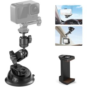 Neewer كأس شفط جبل لكاميرا iPhone GoPro Action مع ذراع سحري ومقلاة 360 درجة ورأس كرة قابلة للإمالة 90 درجة، قفل بإبزيم سريع خارج الزجاج الأمامي للسيارة مع حامل هاتف ومحول تثبيت الكاميرا، CA029