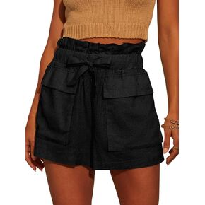 Linen Shorts for Women Ruffled High Waisted Shorts Casual Wide Leg Utility Shorts Summer Shorts with Pockets