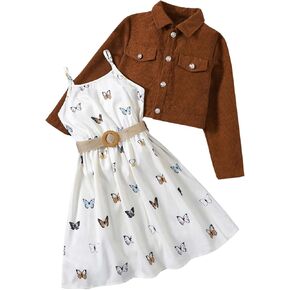 Floerns Girl's 2 Piece Outfit Long Sleeve Jacket Butterfly Print Cami Dress Set