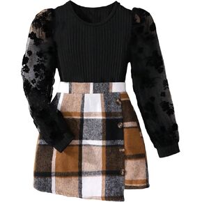 Floerns Girl's 2 Piece Outfit Contrast Mesh Puff Long Sleeve Tee Top and Plaid Skirts Set